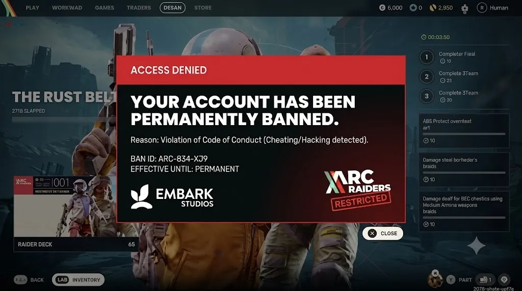 Arc Raiders ban notification screen